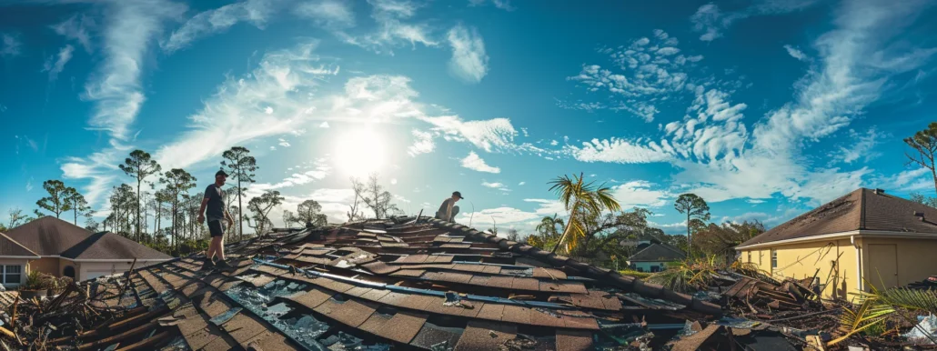 a homeowner inspecting water damage to their roof after a hurricane, surrounded by fallen debris and a clear blue sky.