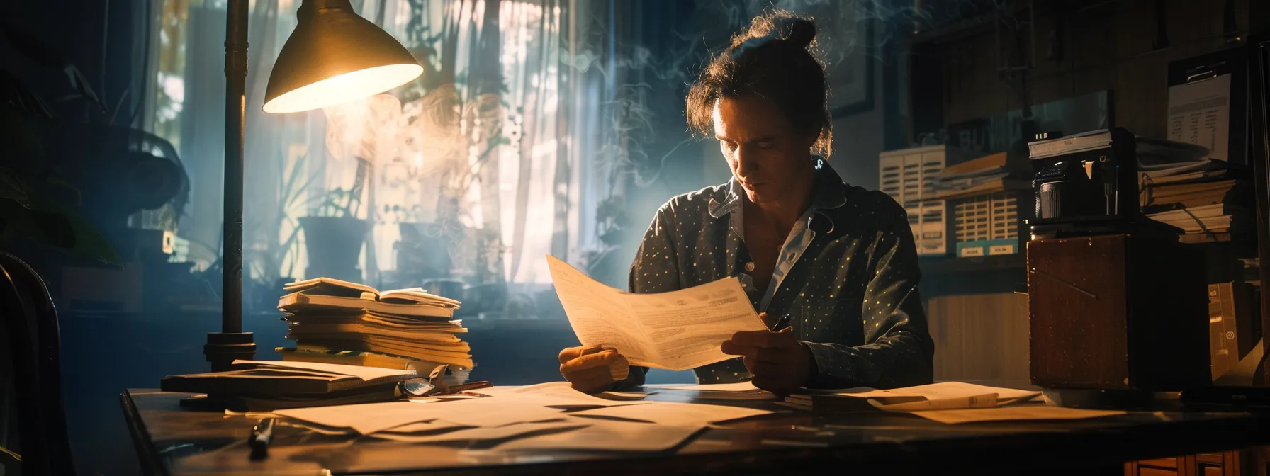 a person sitting at a desk surrounded by paperwork, reading through a detailed hurricane insurance policy with a focused and determined expression.