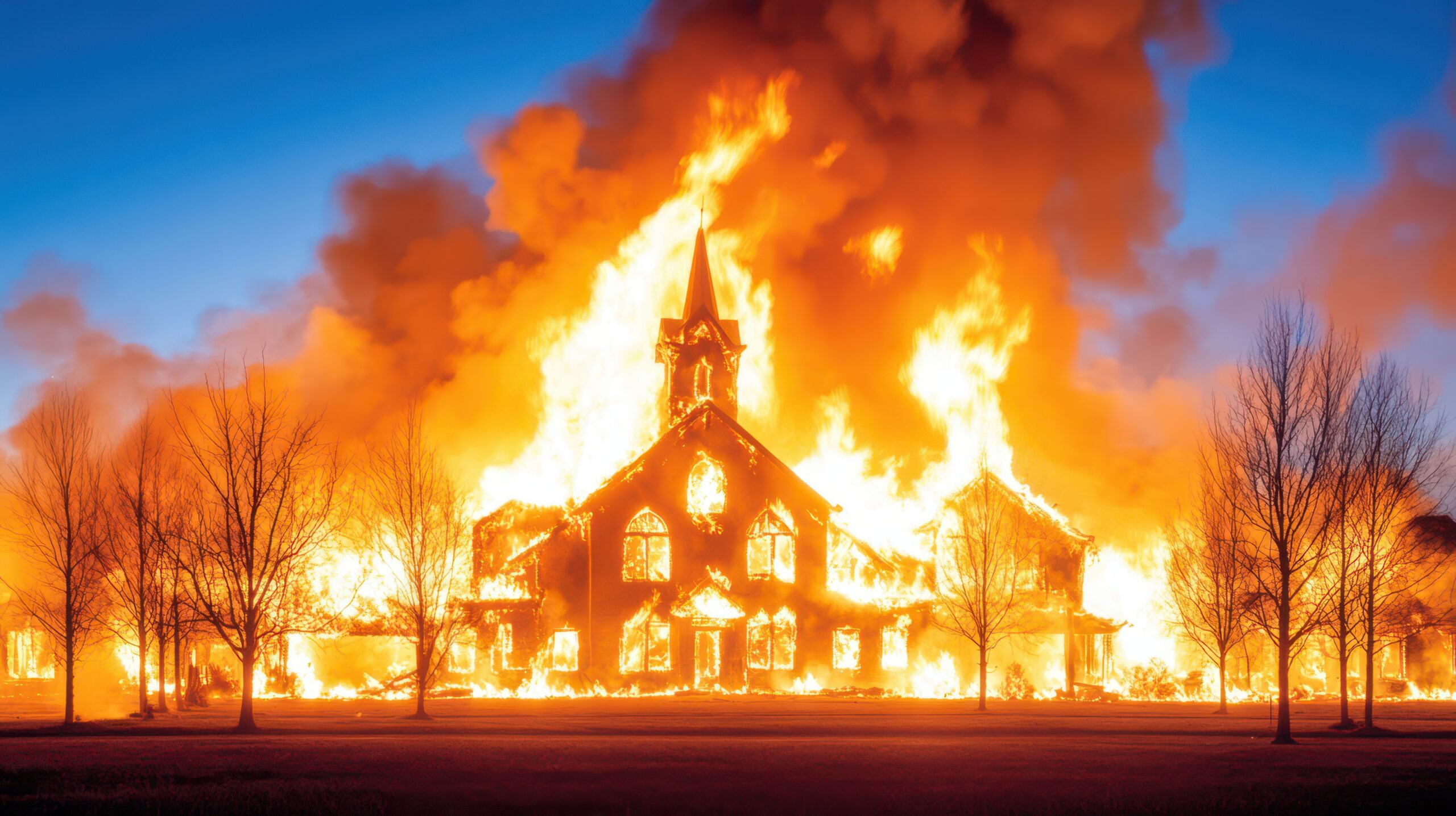 Devastation and Inferno: A building, engulfed in flames, its silhouette defined against a dark sky, epitomizing destruction. Intense heat, burning brightly, transforms a structure into an inferno.