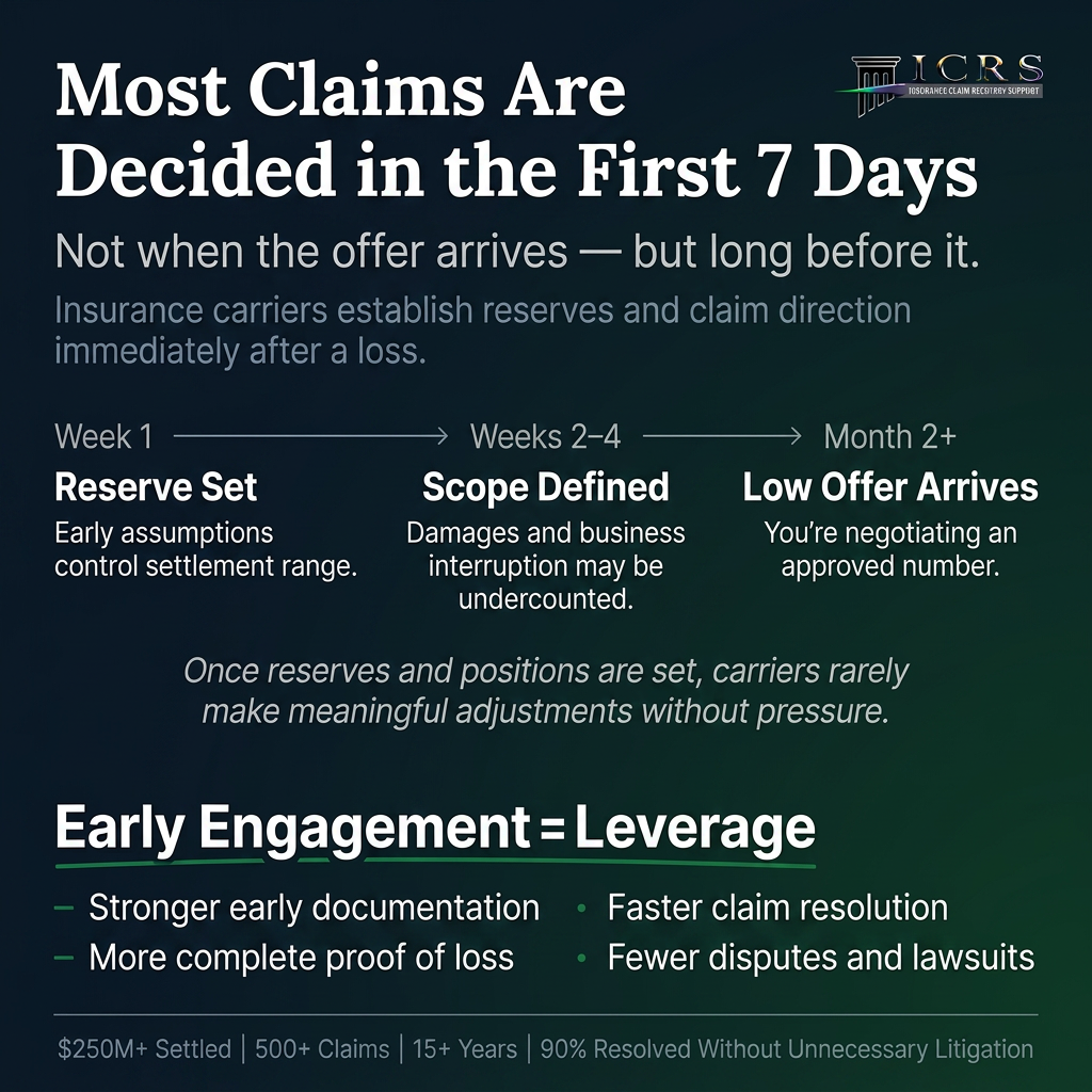 Infographic showing how insurance claims are often decided early, with a timeline from reserve setting in week one to low settlement offers in later stages, emphasizing the advantage of early public adjuster engagement.