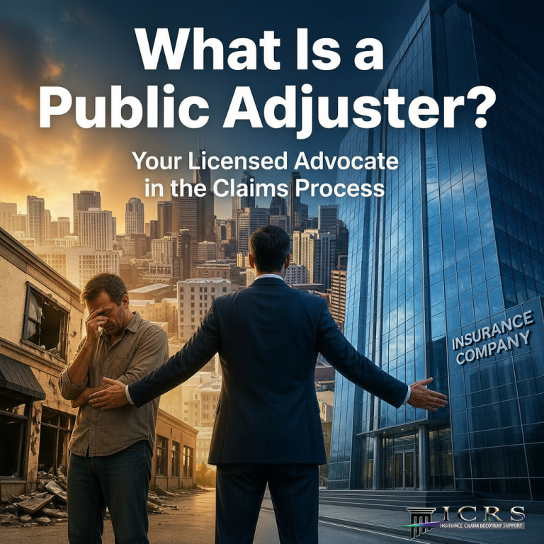 Public adjuster representing policyholder against insurance company in large loss insurance claim