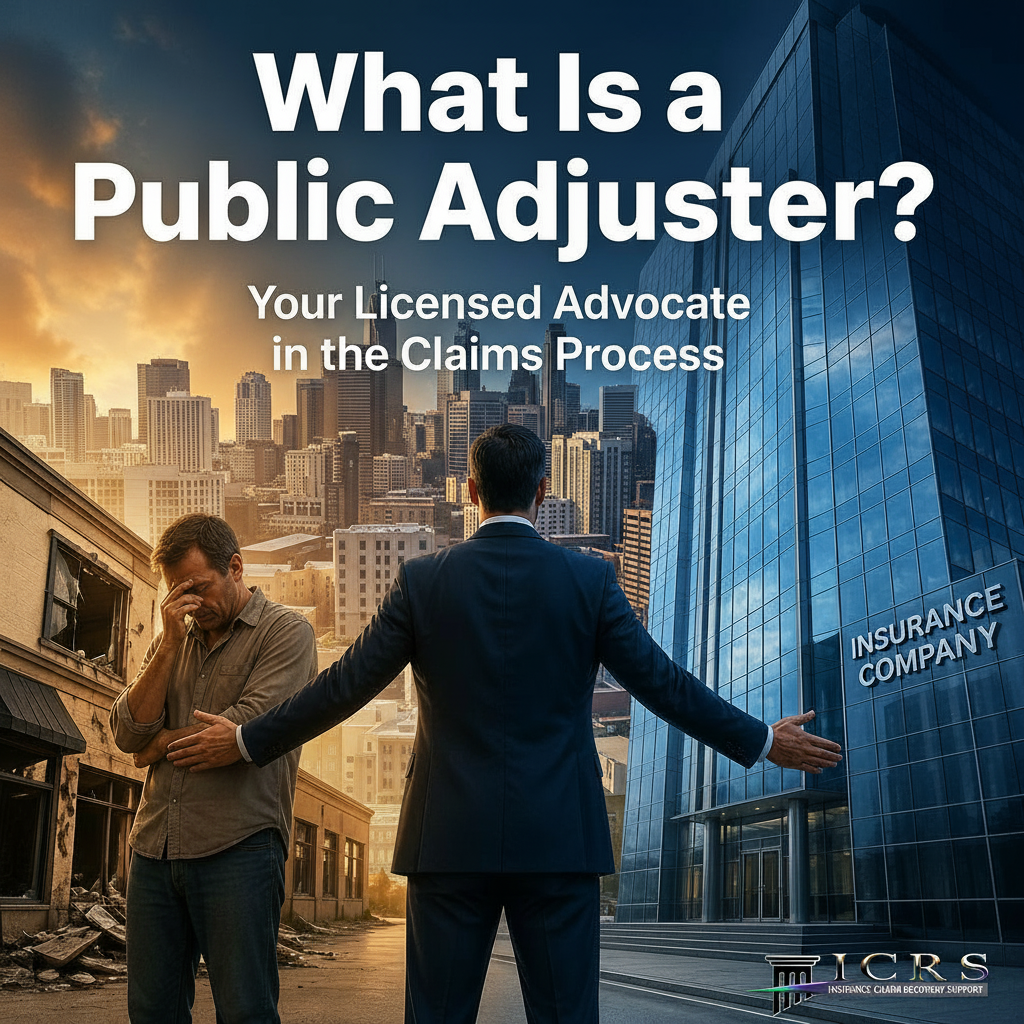Public adjuster representing policyholder against insurance company in large loss insurance claim
