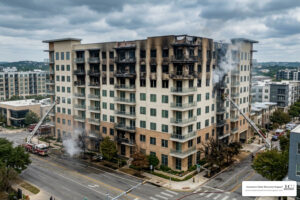 Professional photography of a high-rise multifamily apartment complex in Austin showing severe fire and smoke damage