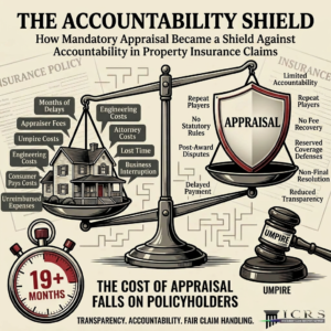 Illustration showing how mandatory appraisal in property insurance claims shifts costs, delays, appraiser fees, umpire costs, and business interruption burdens onto policyholders while reducing insurer accountability.