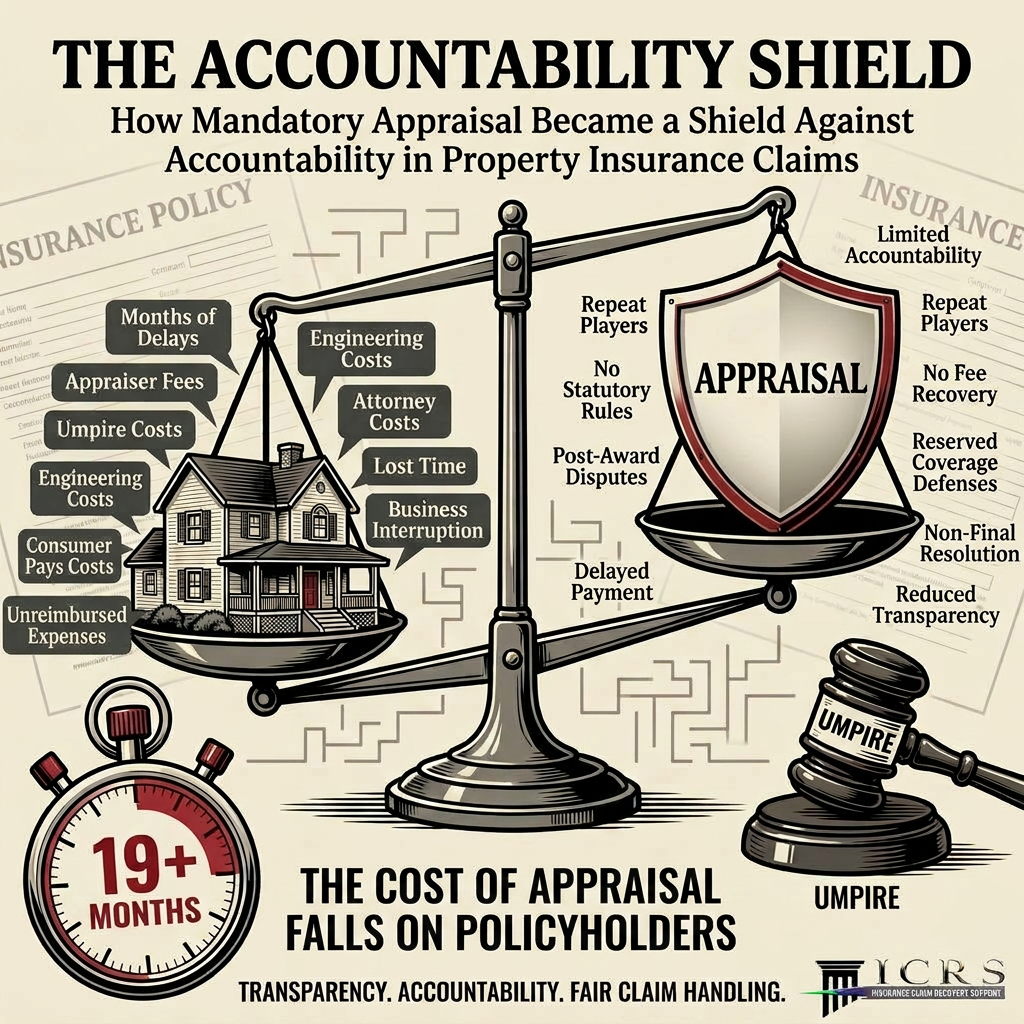Illustration showing how mandatory appraisal in property insurance claims shifts costs, delays, appraiser fees, umpire costs, and business interruption burdens onto policyholders while reducing insurer accountability.