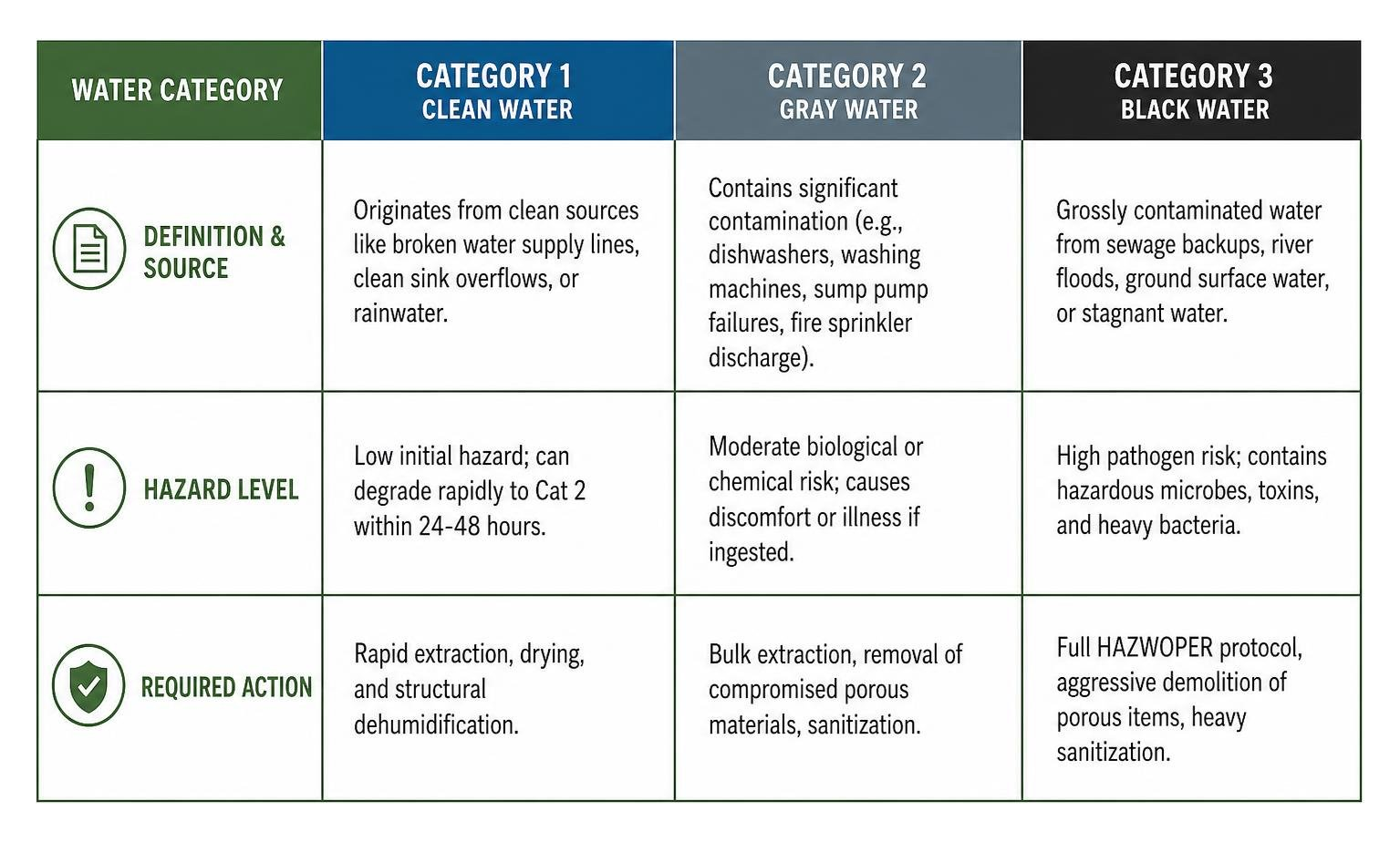 Comparison table of clean water, gray water, and black water contamination categories