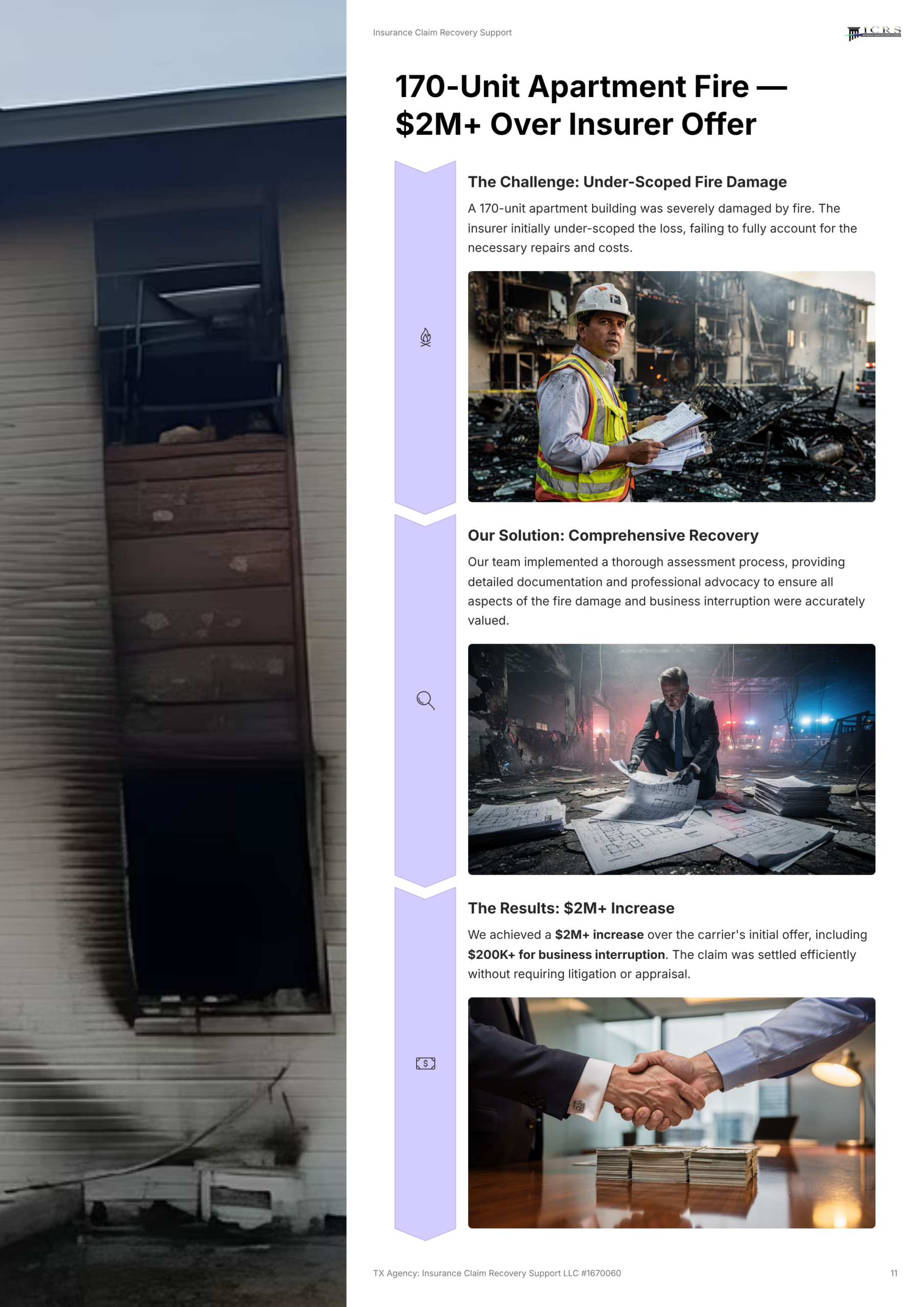 Claim Results 11 ICRS 170-unit apartment fire claim result exceeding the carrier offer by more than 2 million dollars