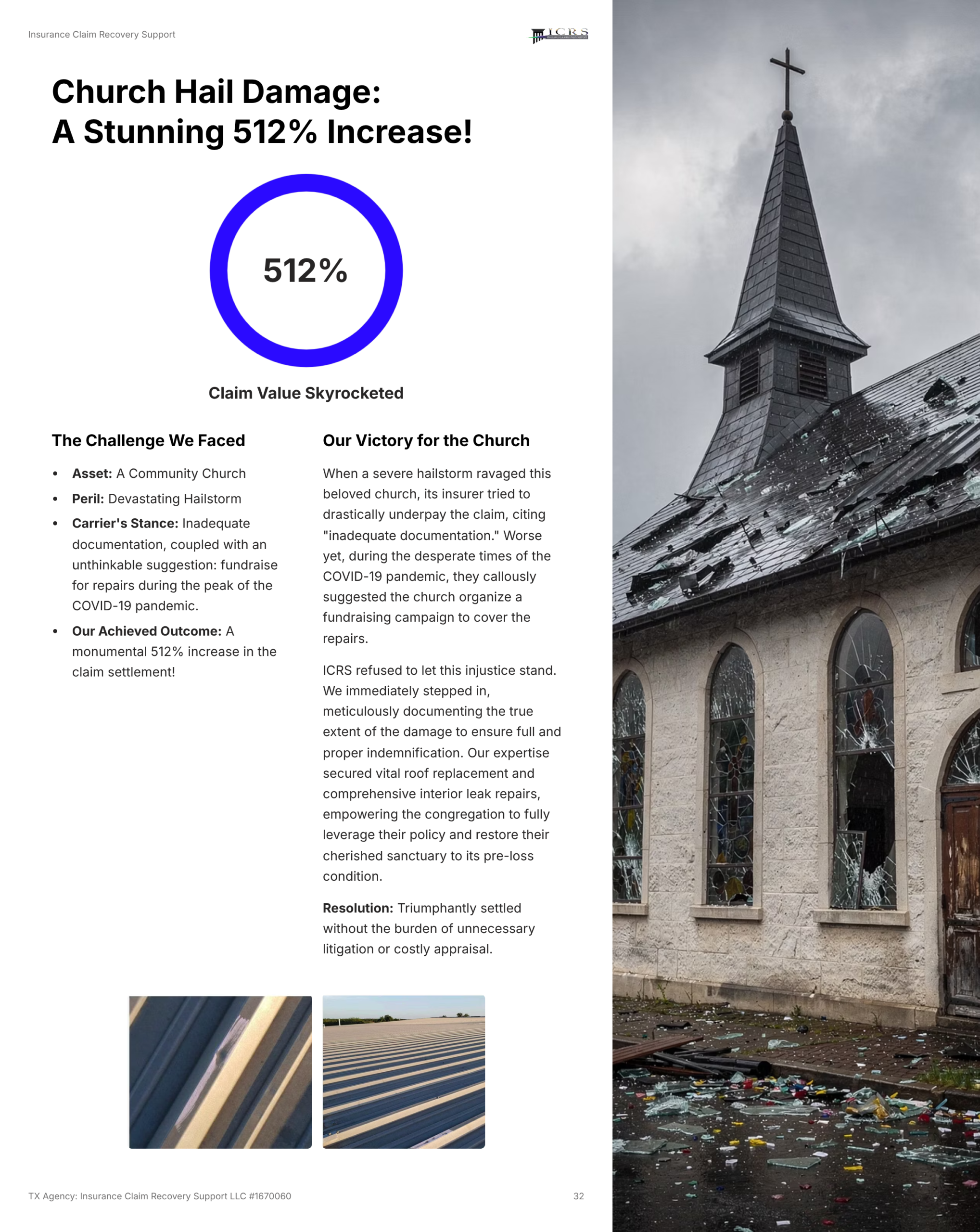 Claim Results 16 ICRS church hail damage case study with a 512 percent claim increase during the COVID-19 pandemic