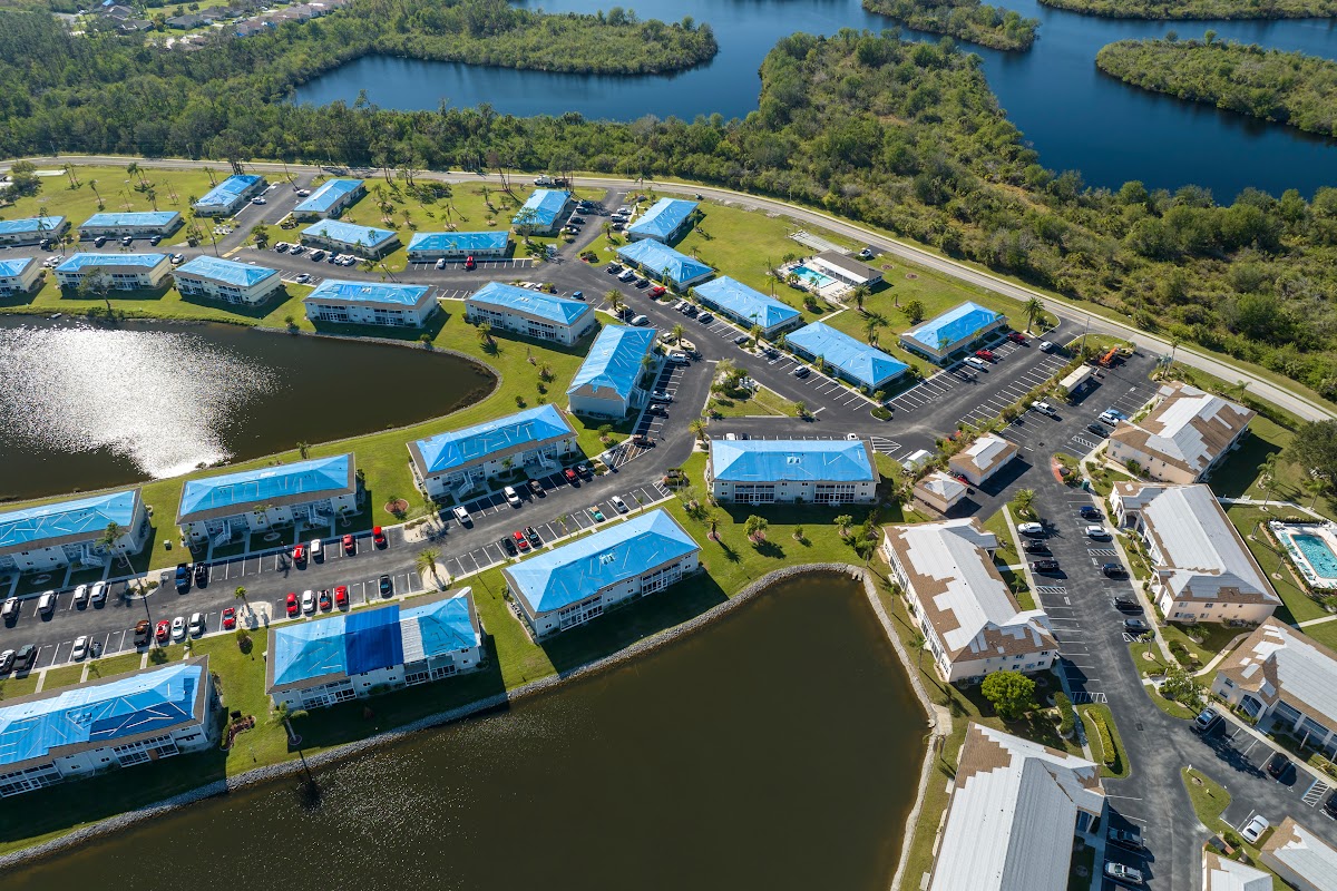 Aerial view of residential community roofs