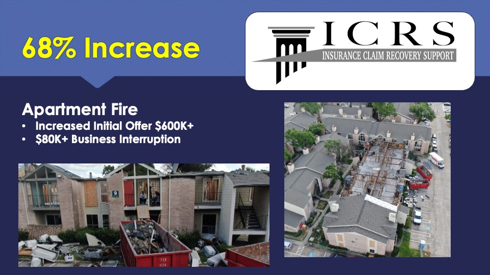 Claim Results 13 Flint at 290 apartment fire claim result with more than 600 thousand dollars additional recovery