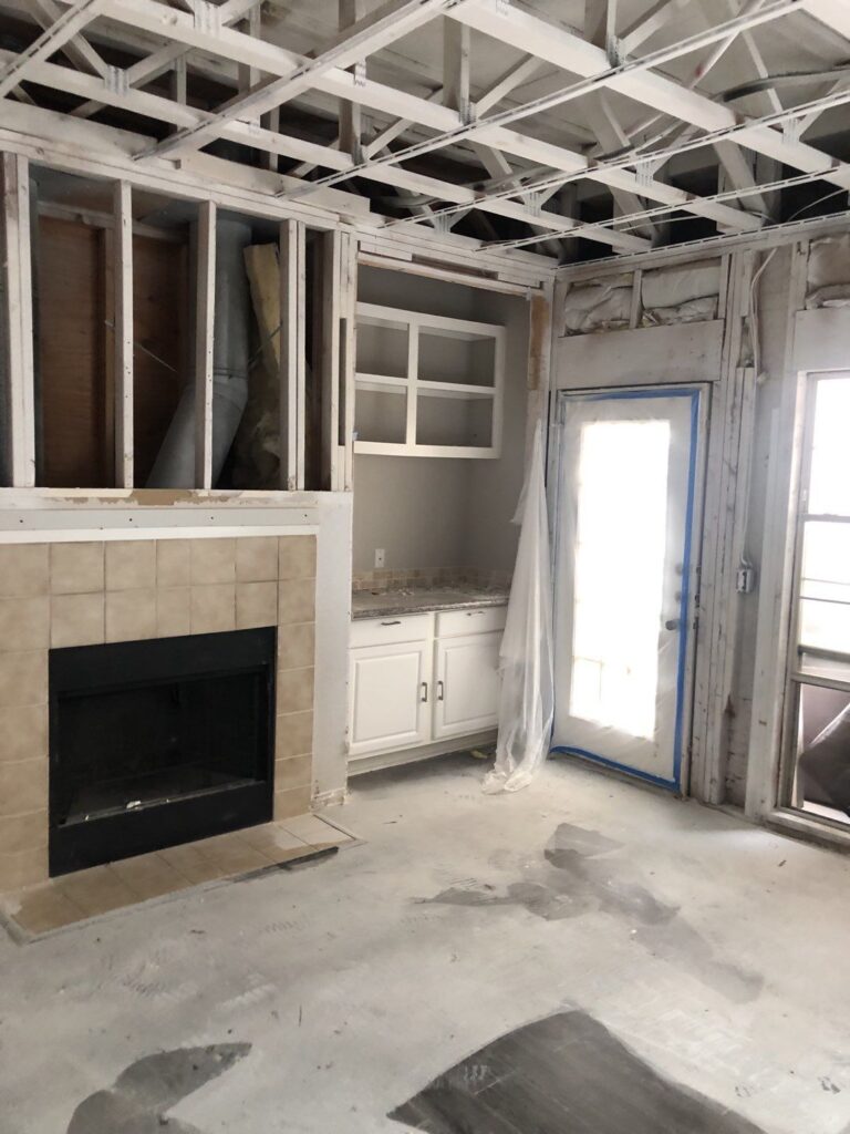 Interior following freeze damage with ceiling and wall finishes removed