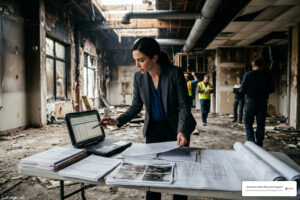 Commercial storm or fire property damage estimate review with claim records, photos, and building plans