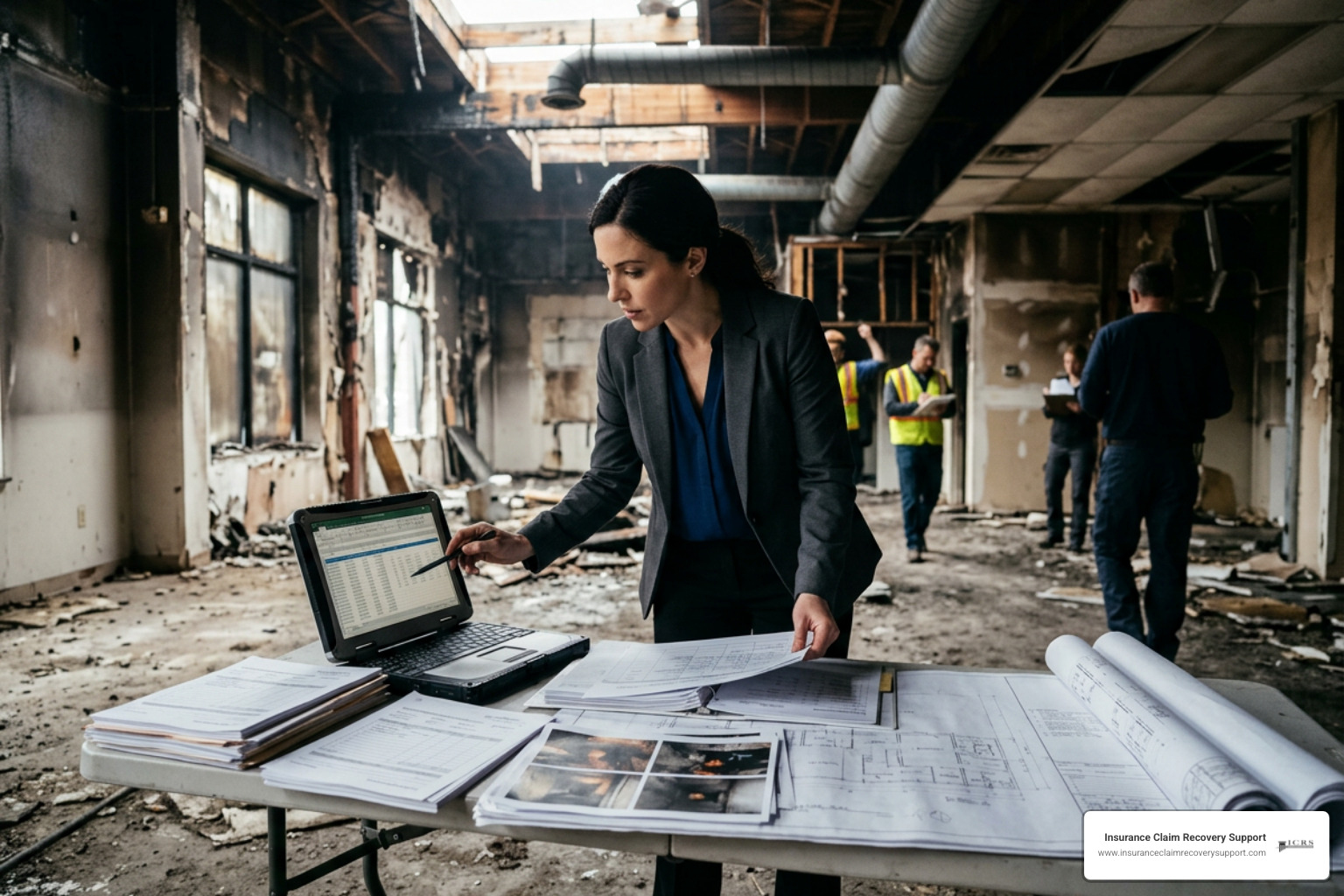 Commercial storm or fire property damage estimate review with claim records, photos, and building plans