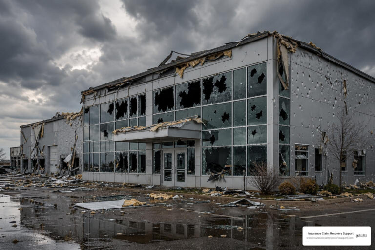 storm damaged commercial building with hail and wind damage