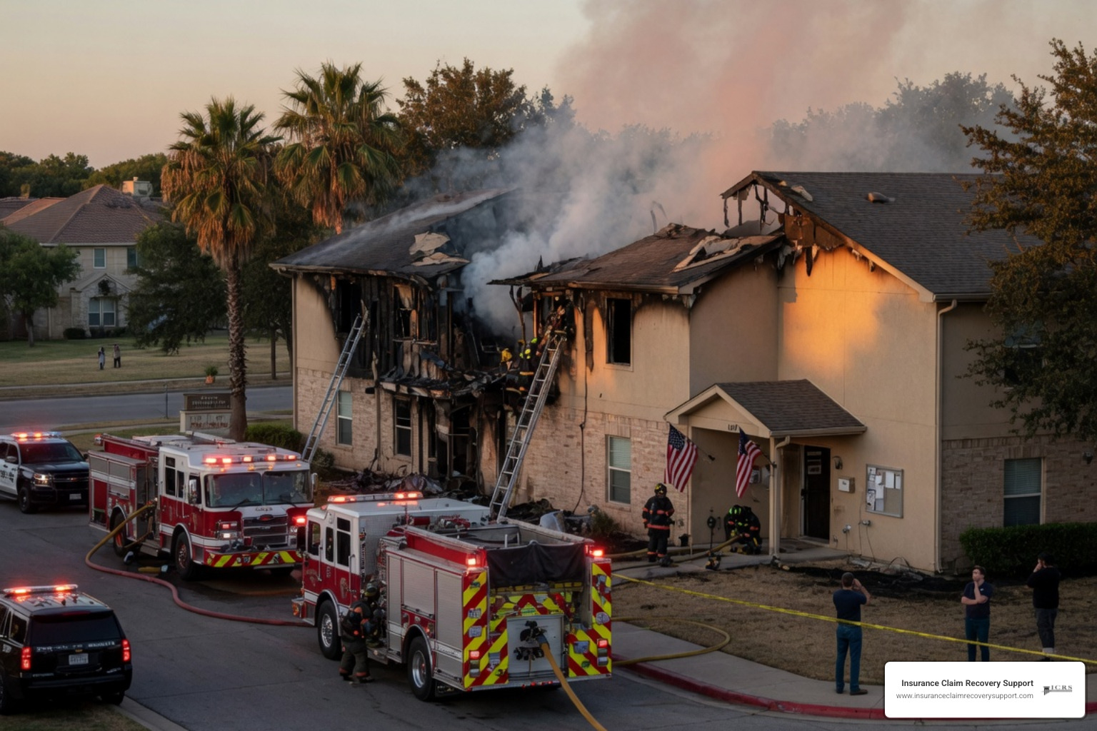 Firefighters and fire engines respond to a fire-damaged residential building with smoke rising from the roof.