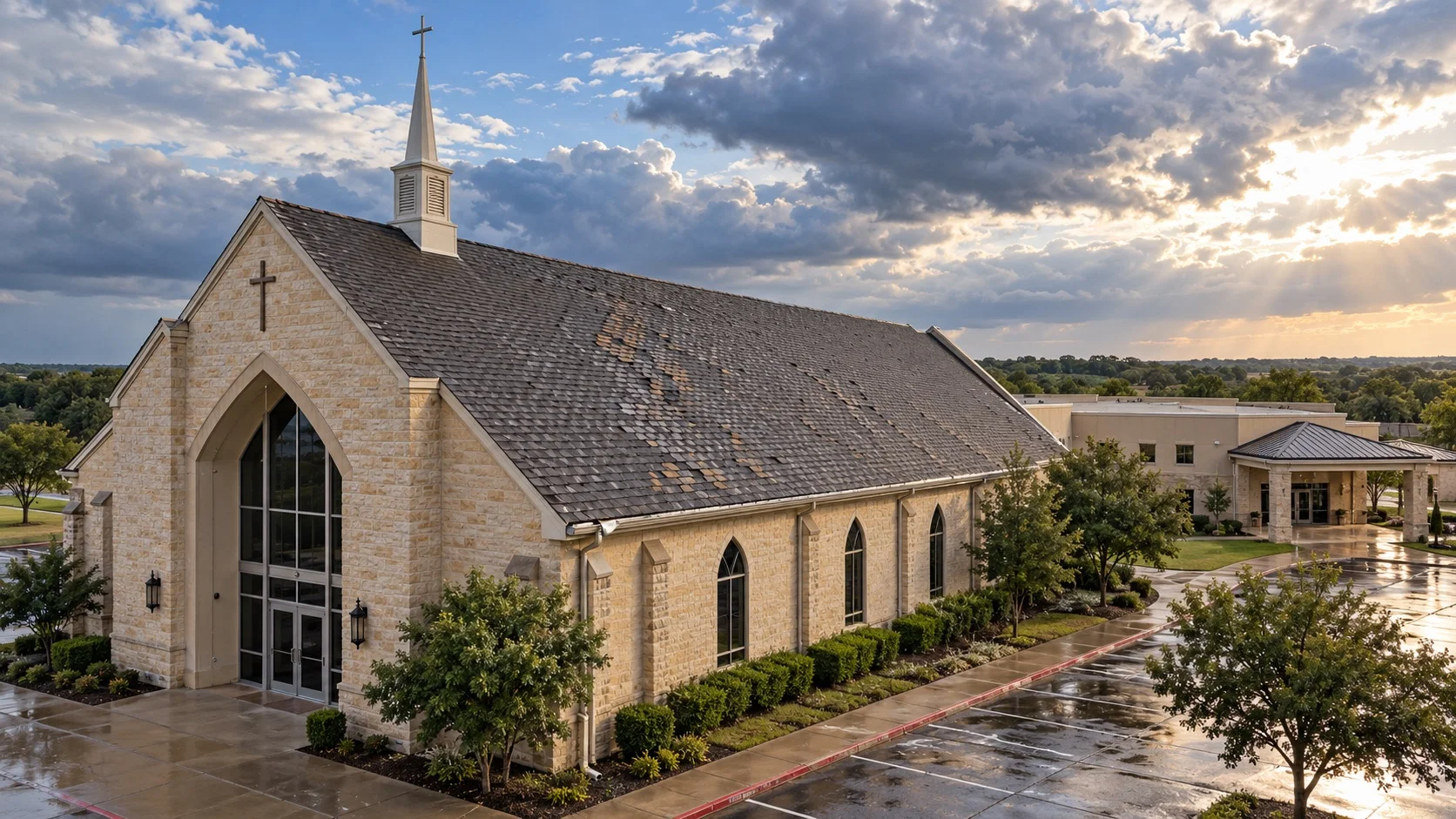 AI-generated illustration of a large church sanctuary and fellowship hall with storm-affected roofing after hail.
