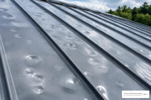 Hail dents on a commercial metal roof